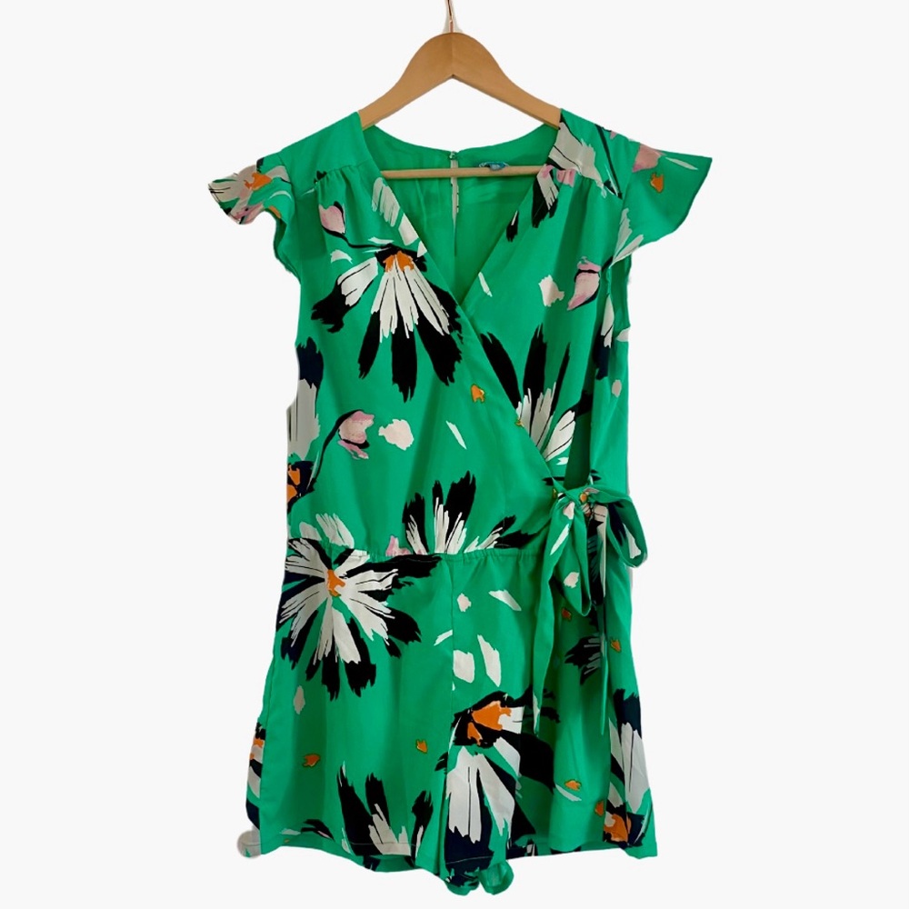 Green Floral Romper with Cap Sleeves